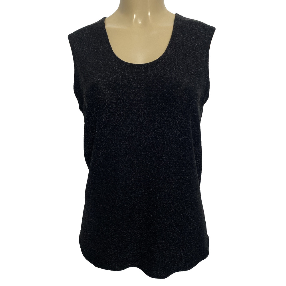 Misook Tank Top Blouse Shirt Sleeveless Scoop Neck Black Shimmer Metalli…